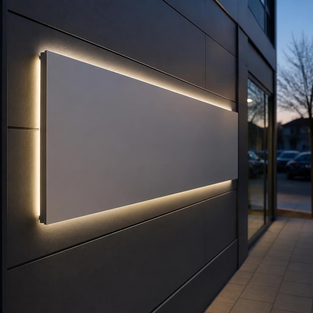 Commercial sign with subtle white LED illumination against a building facade