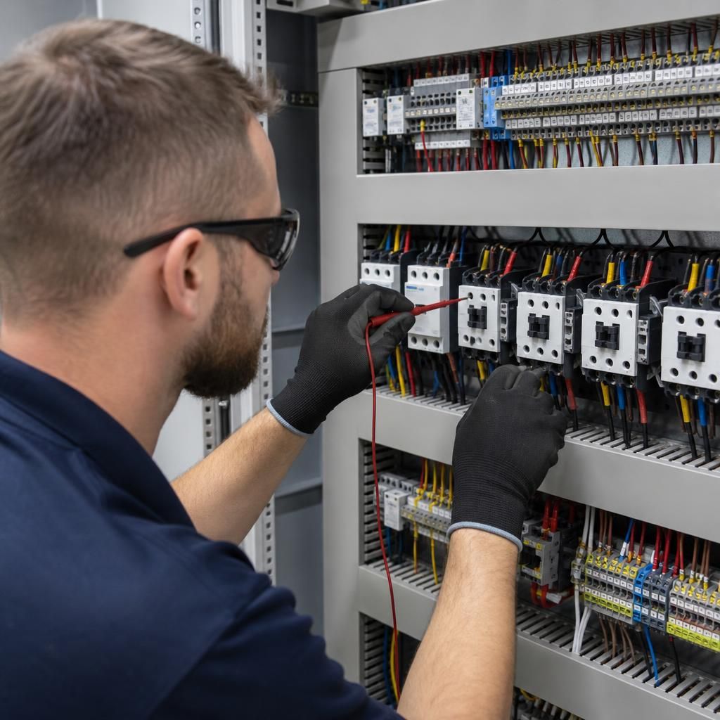 Electrician wiring contactors and terminal blocks inside a three-phase control panel