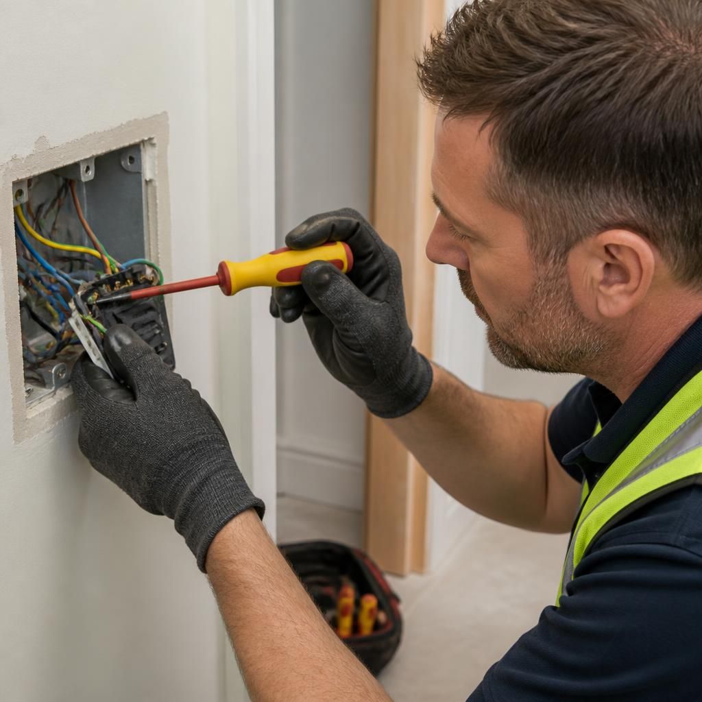 Electrician inspecting exposed wiring and electrical connections during an installation