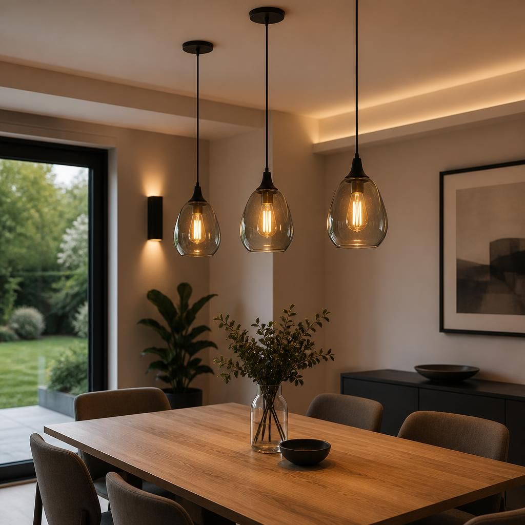 Decorative pendant lighting fitted above a dining area