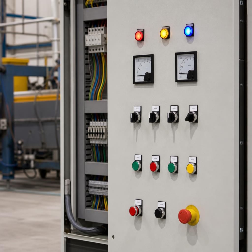 Industrial three-phase control panel with door controls and indicators