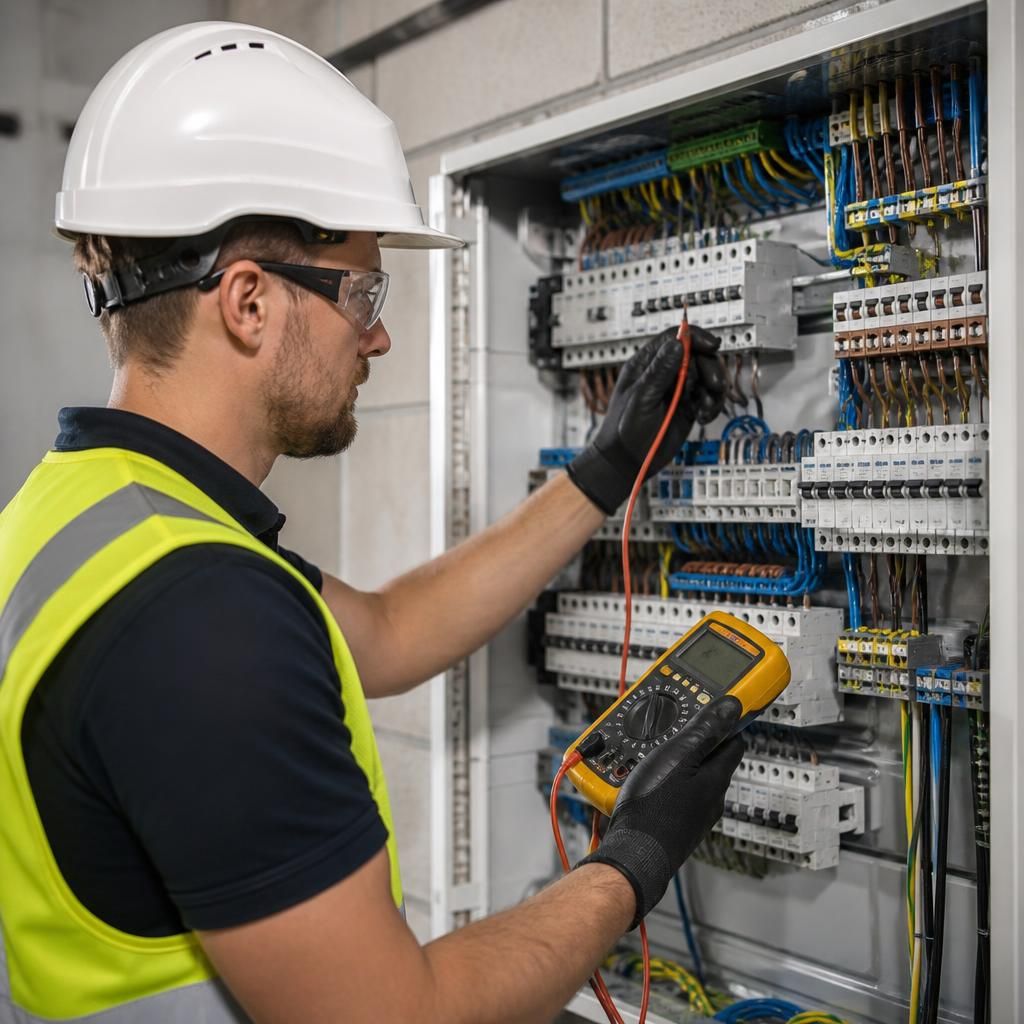 Electrician testing a commercial electrical installation