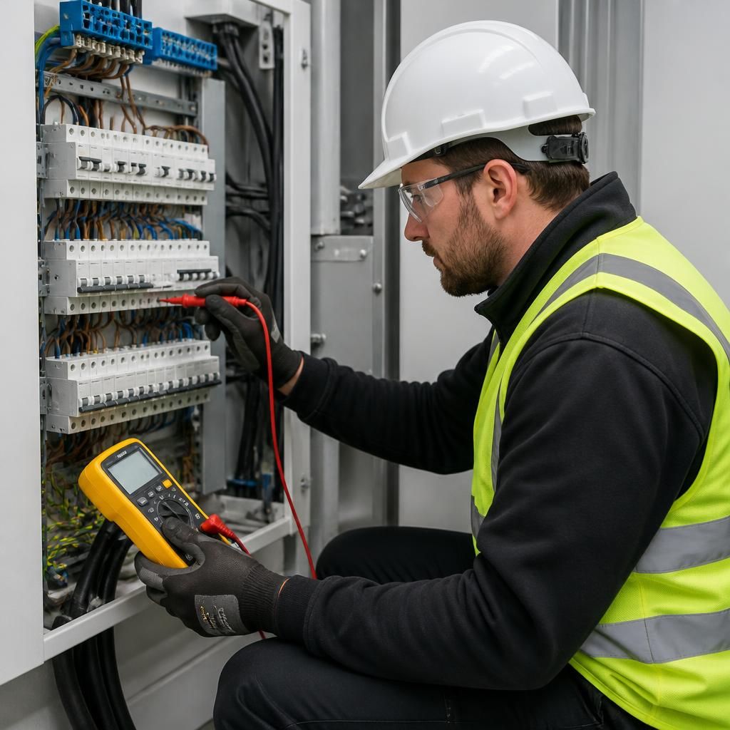 Electrician inspecting a commercial distribution board with electrical testing instruments