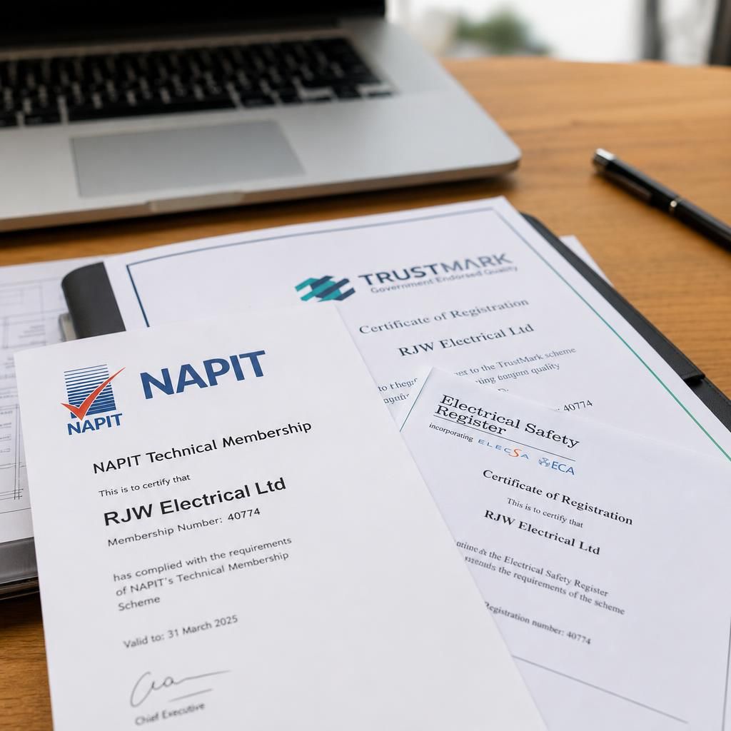 NAPIT and TrustMark accreditation details for RJW Electrical
