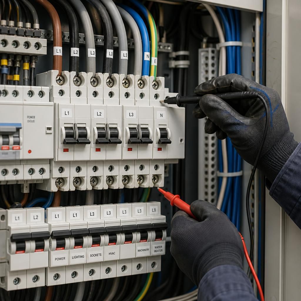 Three-phase distribution board with labelled circuits and phase conductors