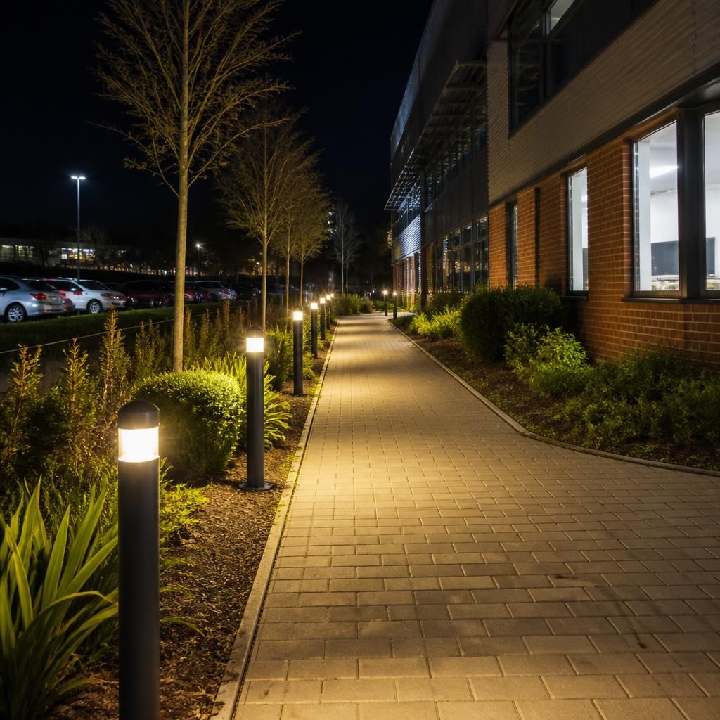 Outdoor lighting illuminating a commercial pedestrian pathway