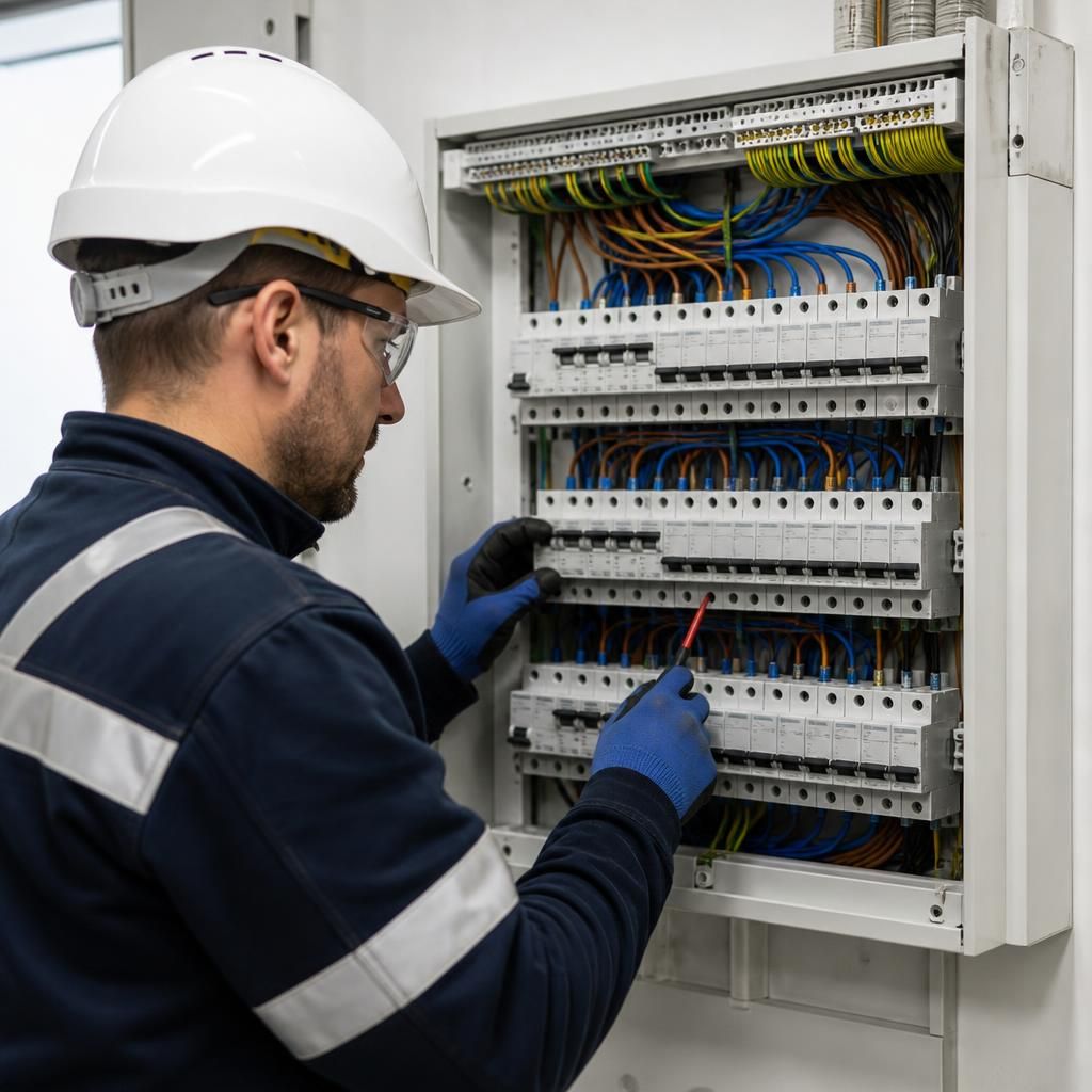 Electrician inspecting an electricity panel board during an electrical installation project