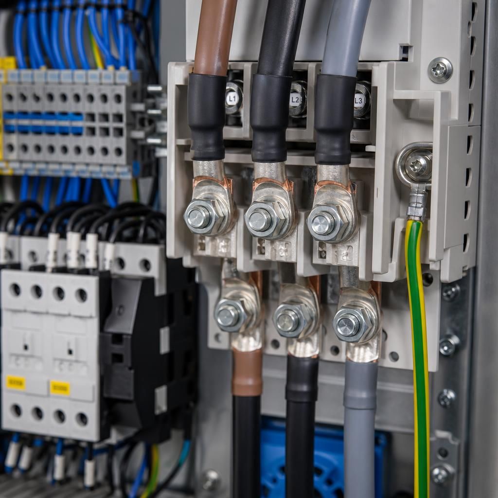 Three-phase cables connected to labelled control panel terminals