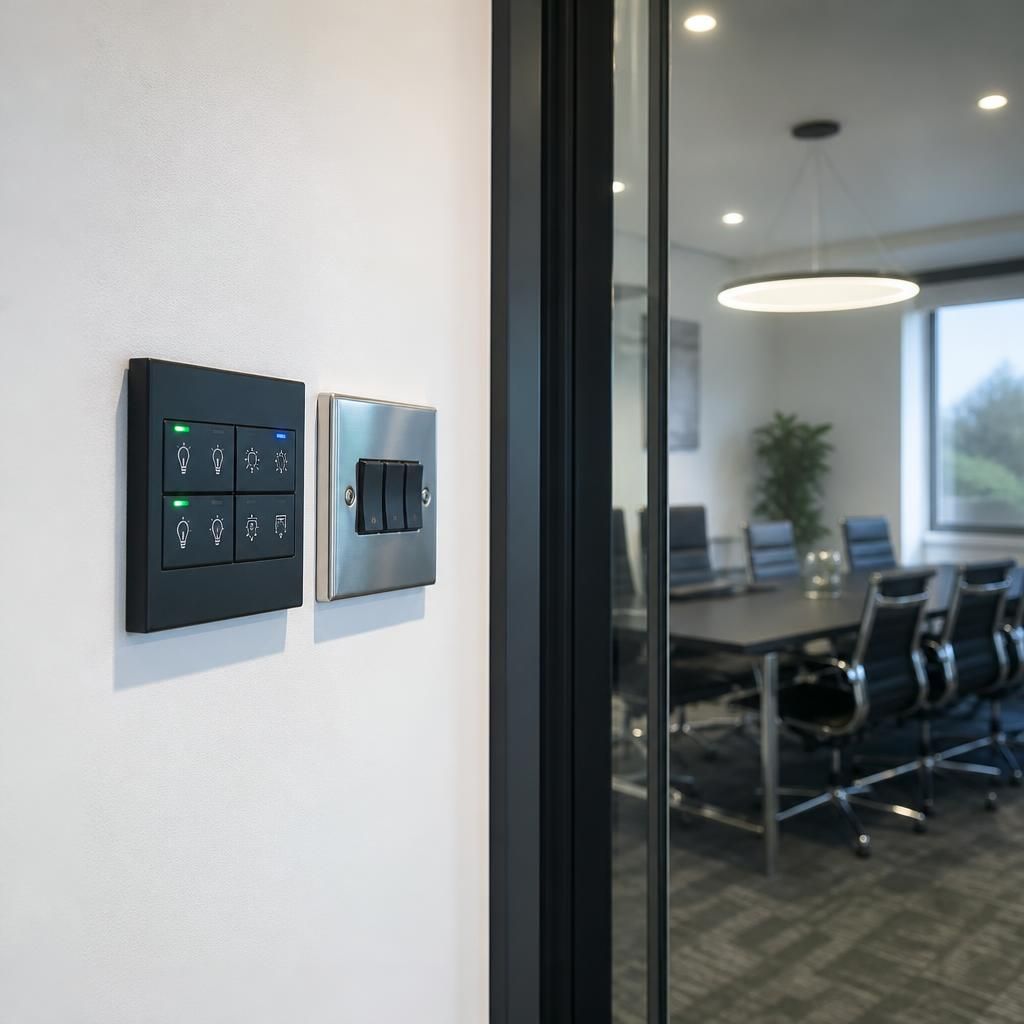 Commercial lighting controls mounted beside a meeting room entrance