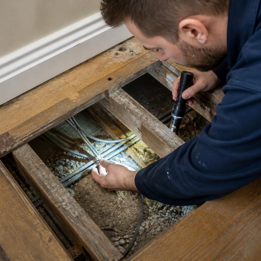 Electrician inspecting electrical cables beneath a home's floorboards