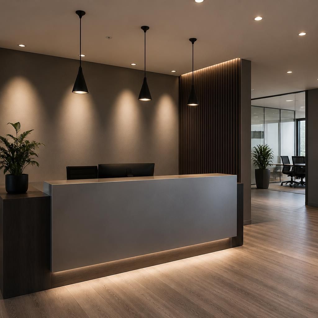 Reception area with focused interior lighting highlighting the desk and surrounding surfaces