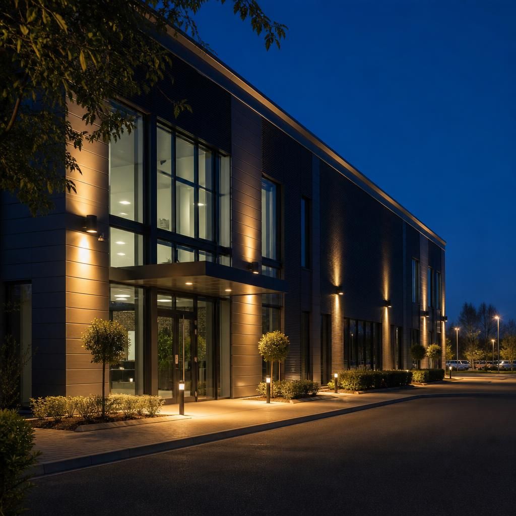 Architectural outdoor lighting highlighting a commercial building façade