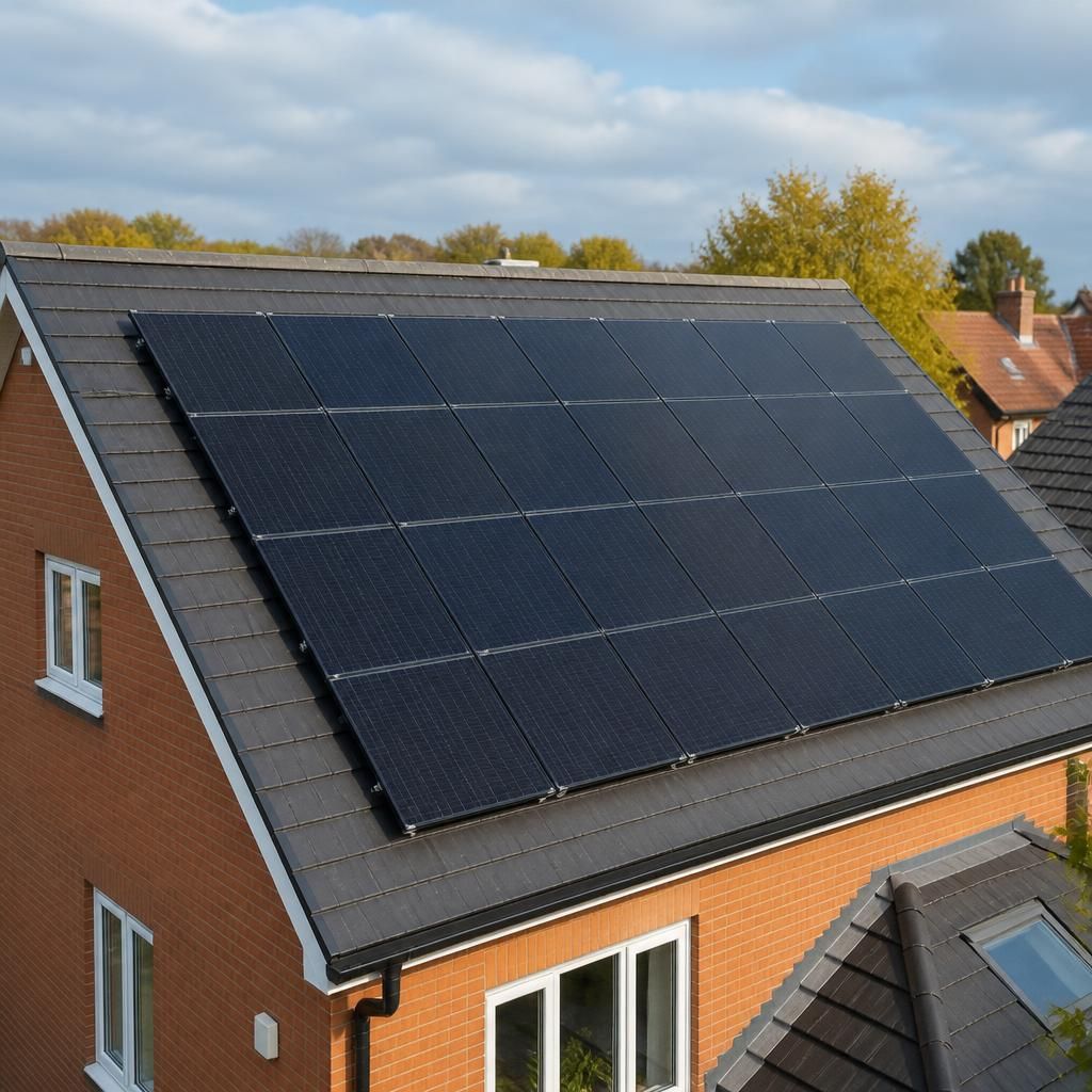 Solar panels arranged in an orderly layout on a property roof