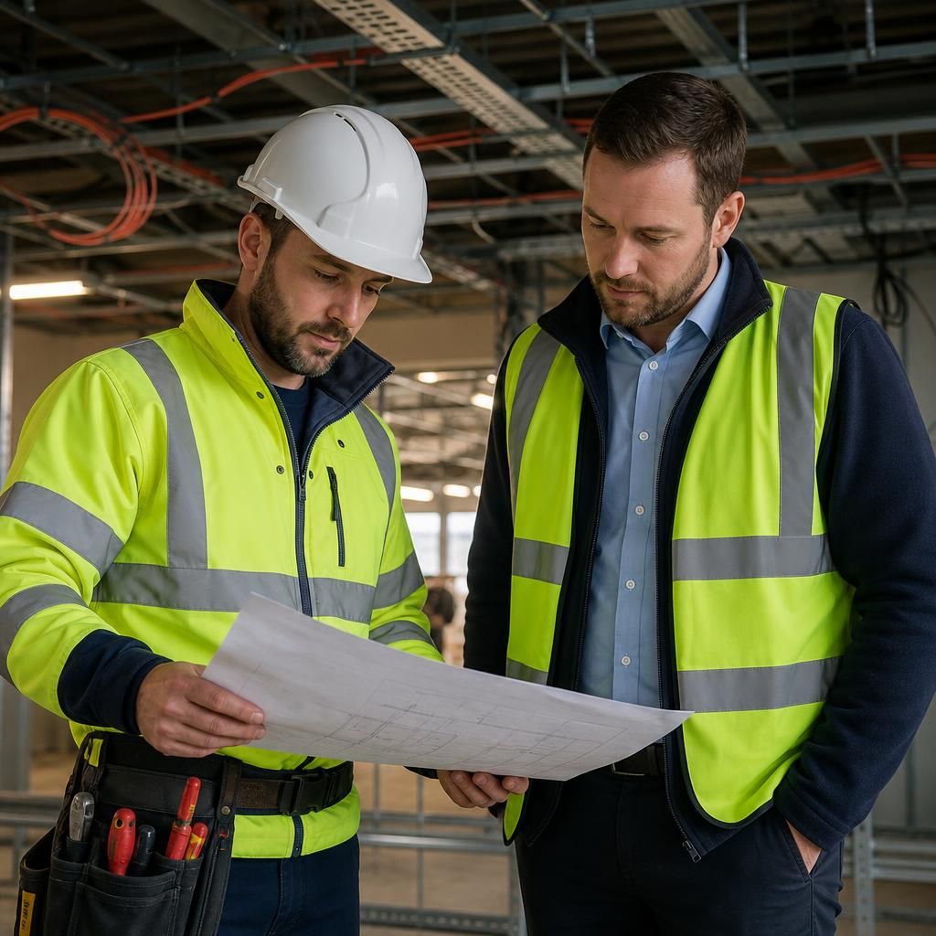 Electrician reviewing commercial installation plans with a site manager