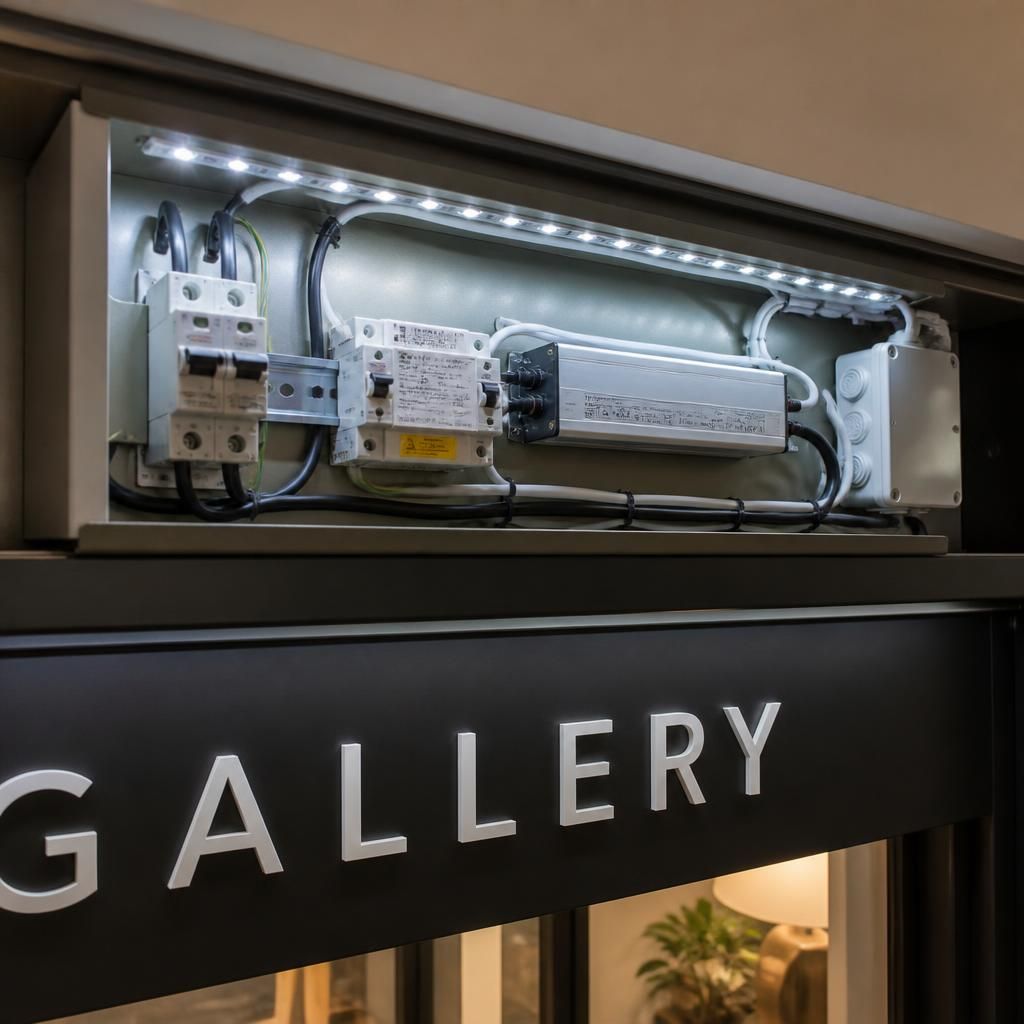 Accessible LED signage lighting control equipment installed neatly inside a commercial property