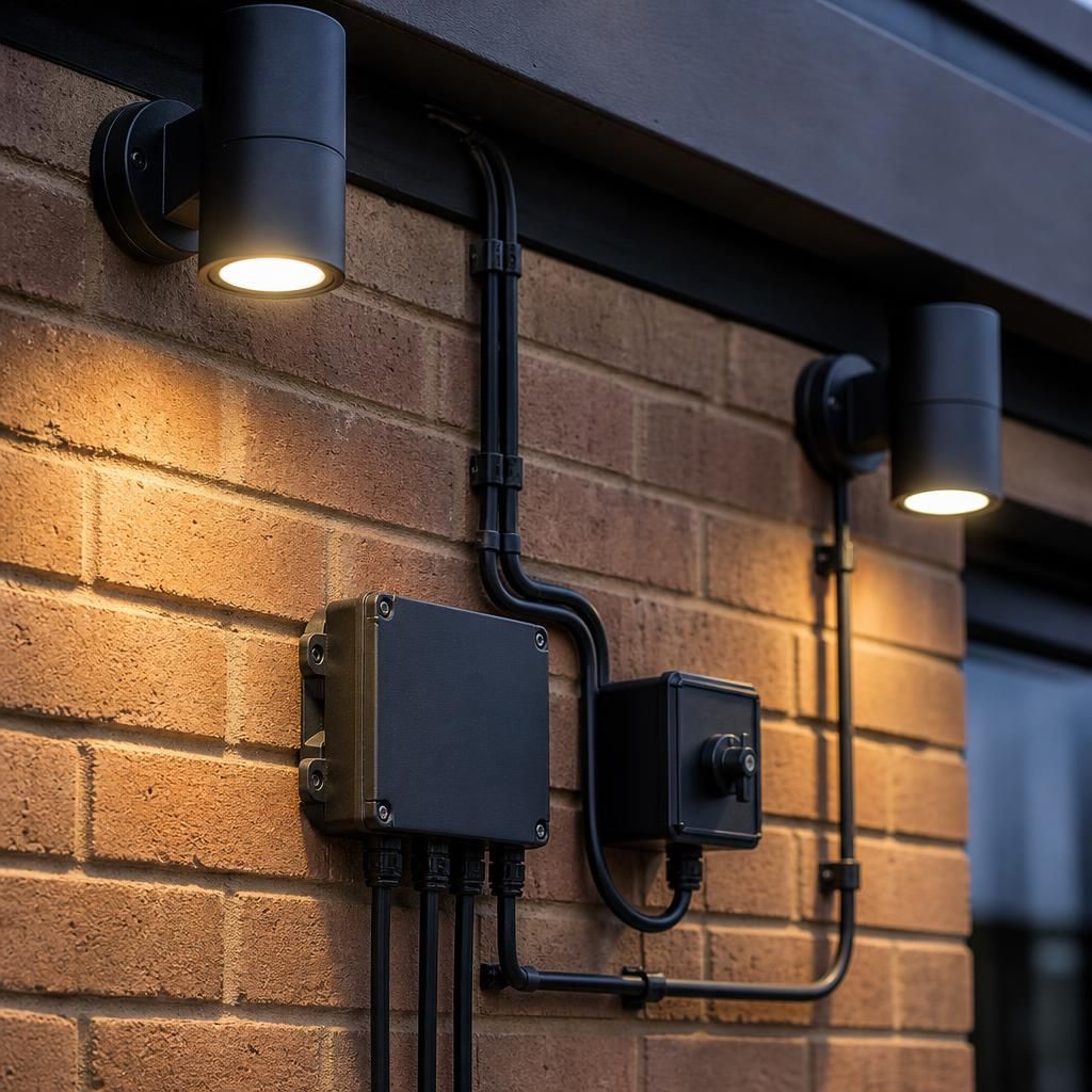 Neatly routed external lighting cables and securely mounted commercial fittings