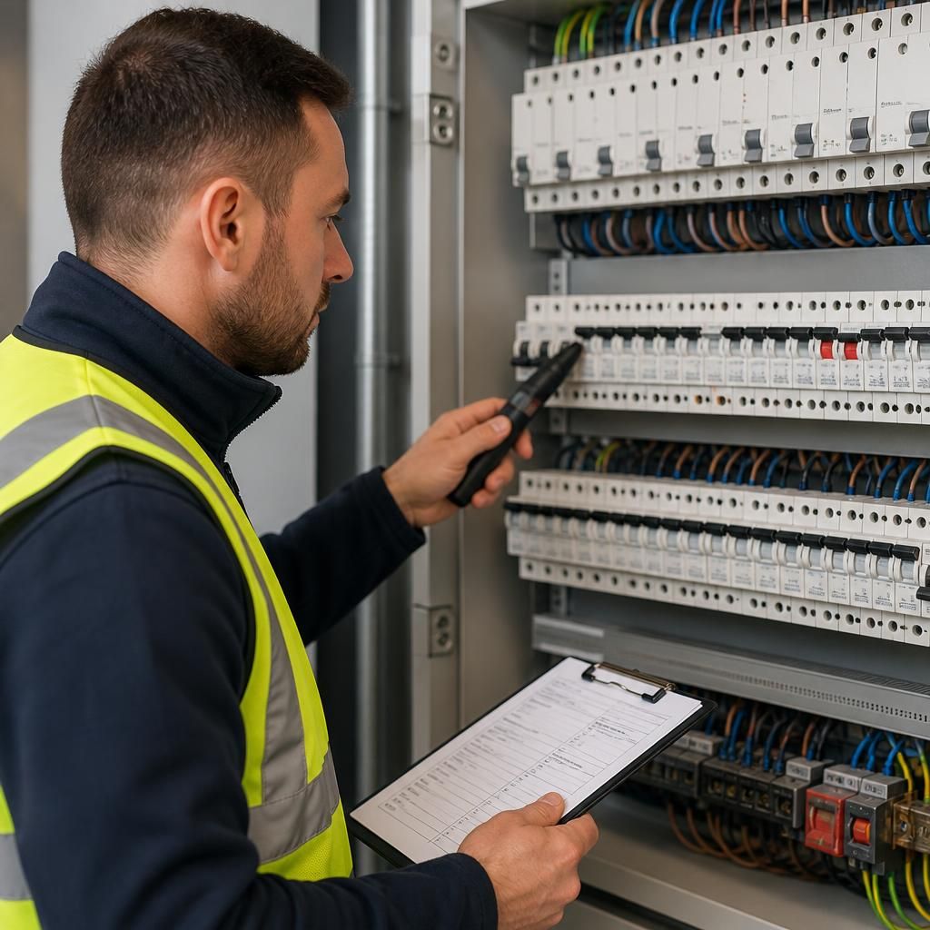 Electrician inspecting a commercial distribution board with circuit labels and protective devices