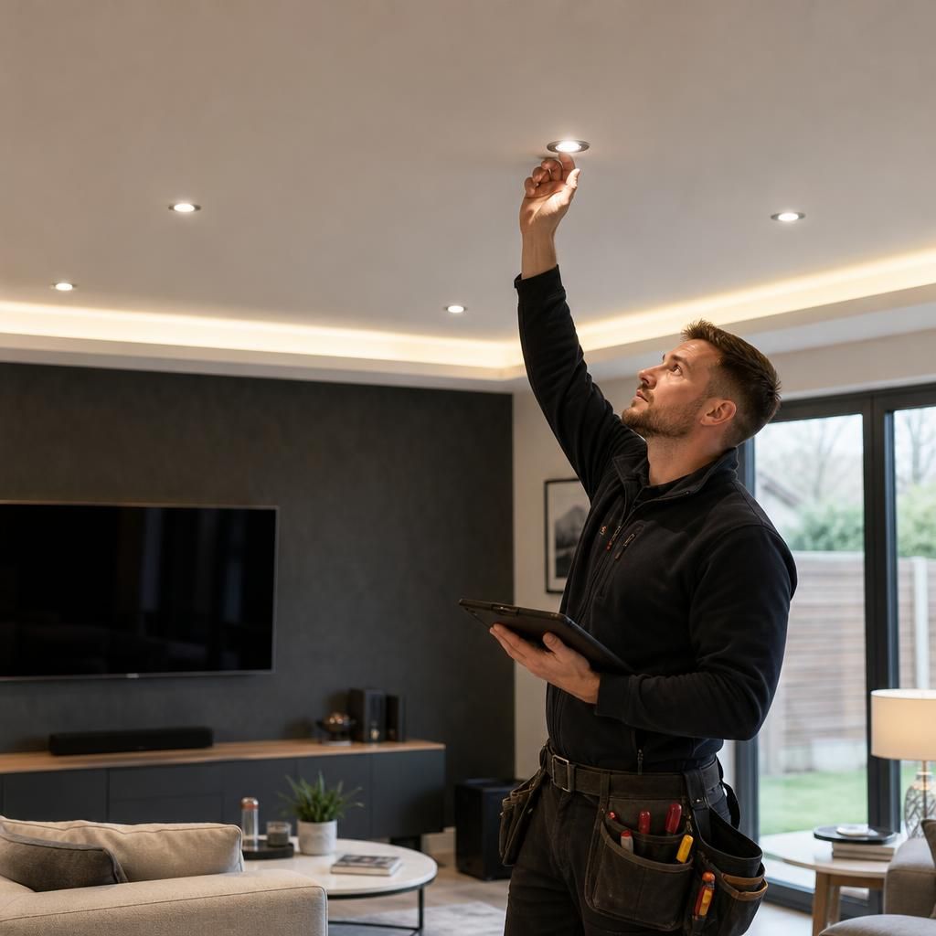 Completed interior lighting installation inspected by an electrician