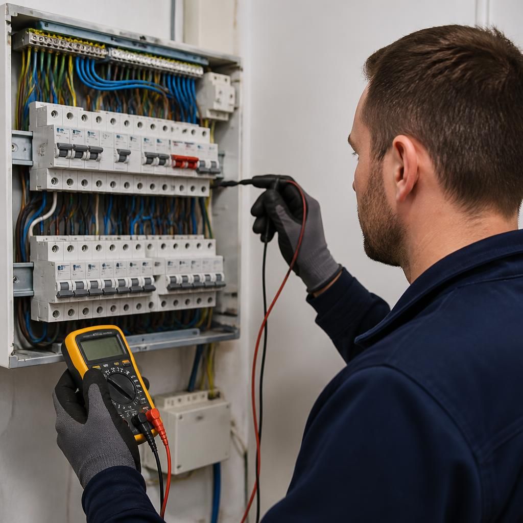 Electrician inspecting a consumer unit with electrical testing equipment