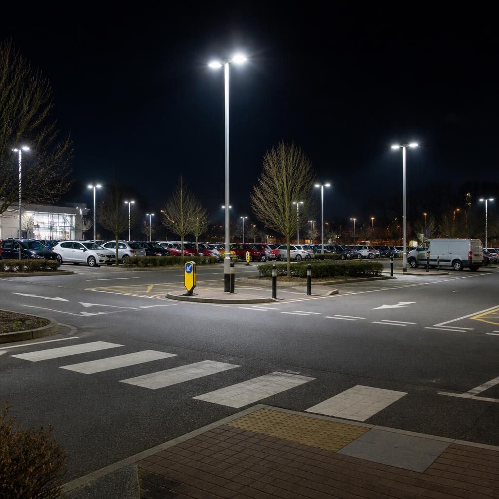 Evenly lit commercial car park with marked vehicle and pedestrian routes