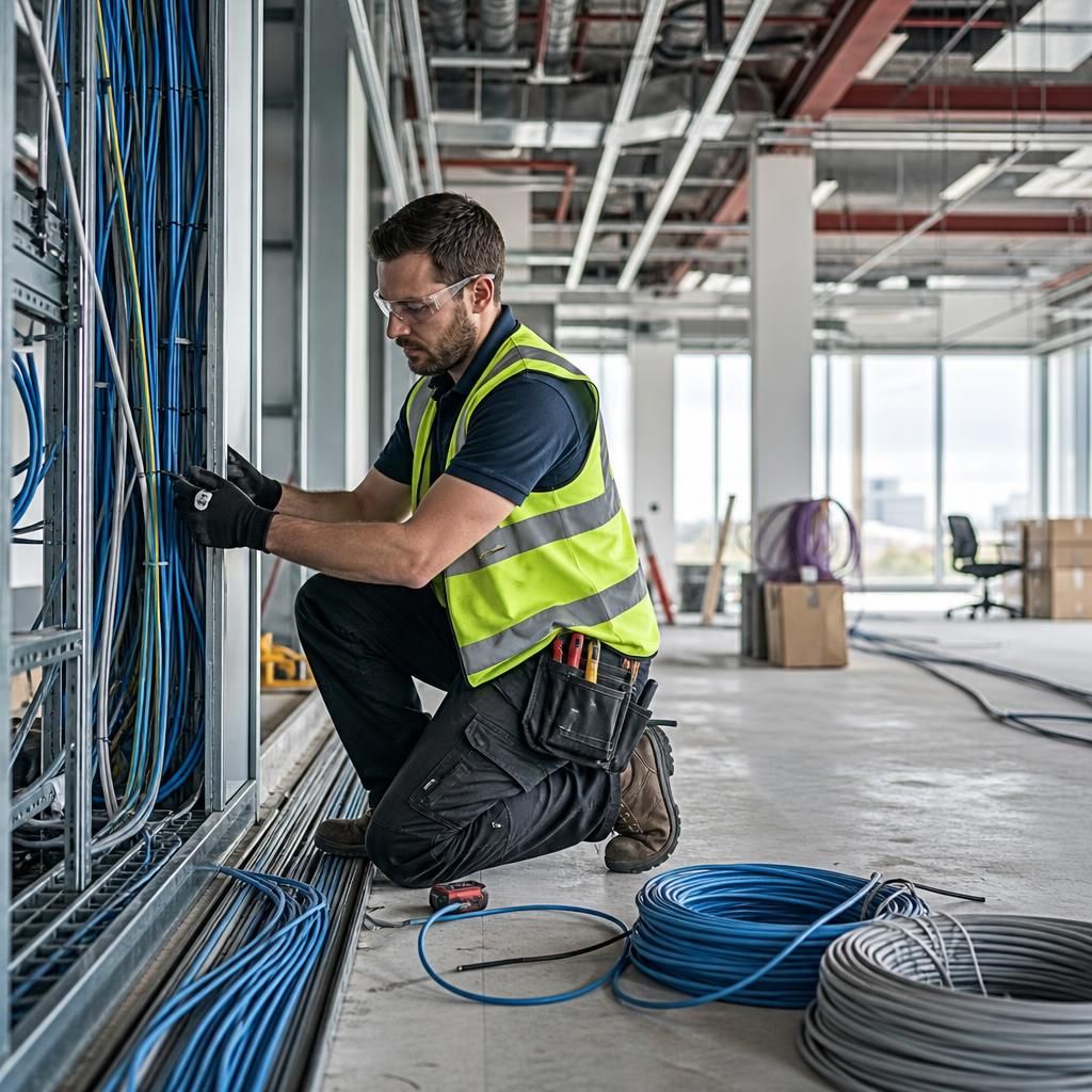 Electrician installing power and data infrastructure in a commercial premises