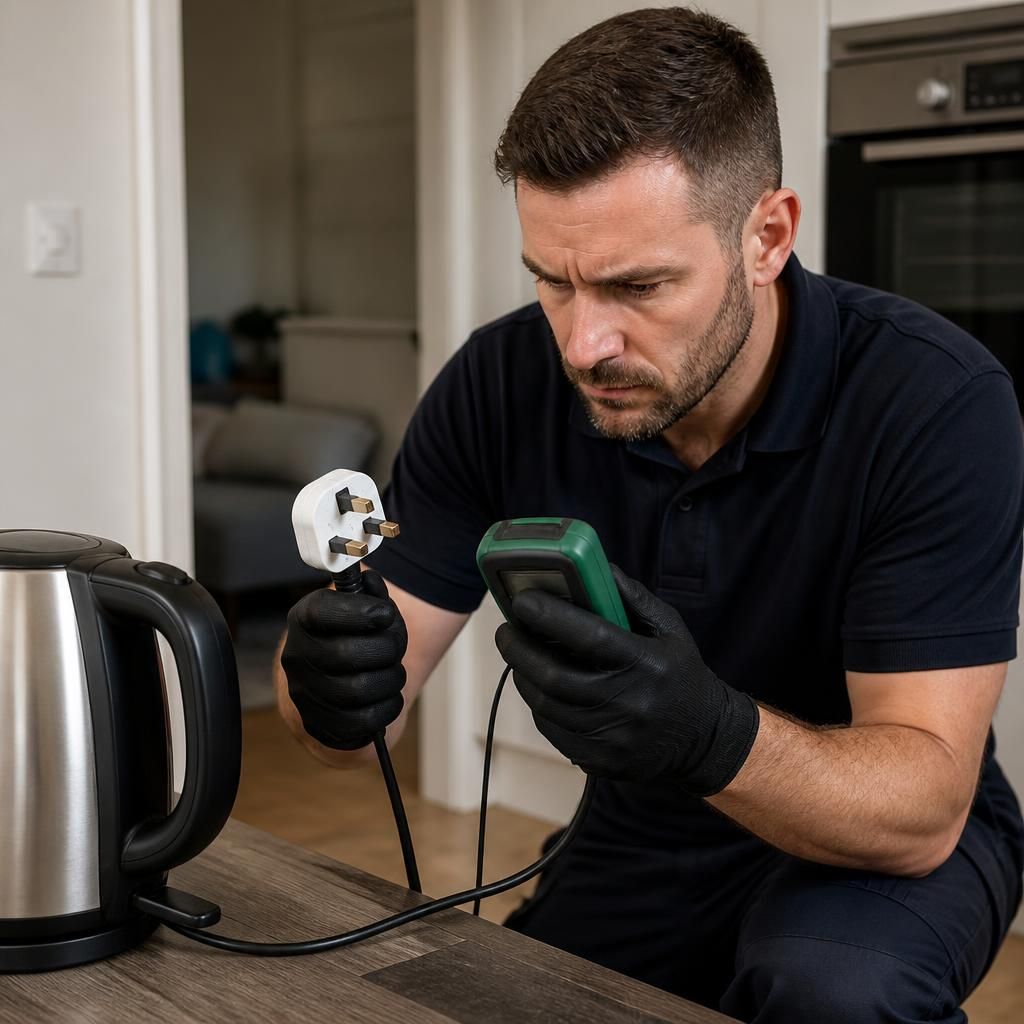 Electrical tester examining the plug and cable of a domestic appliance