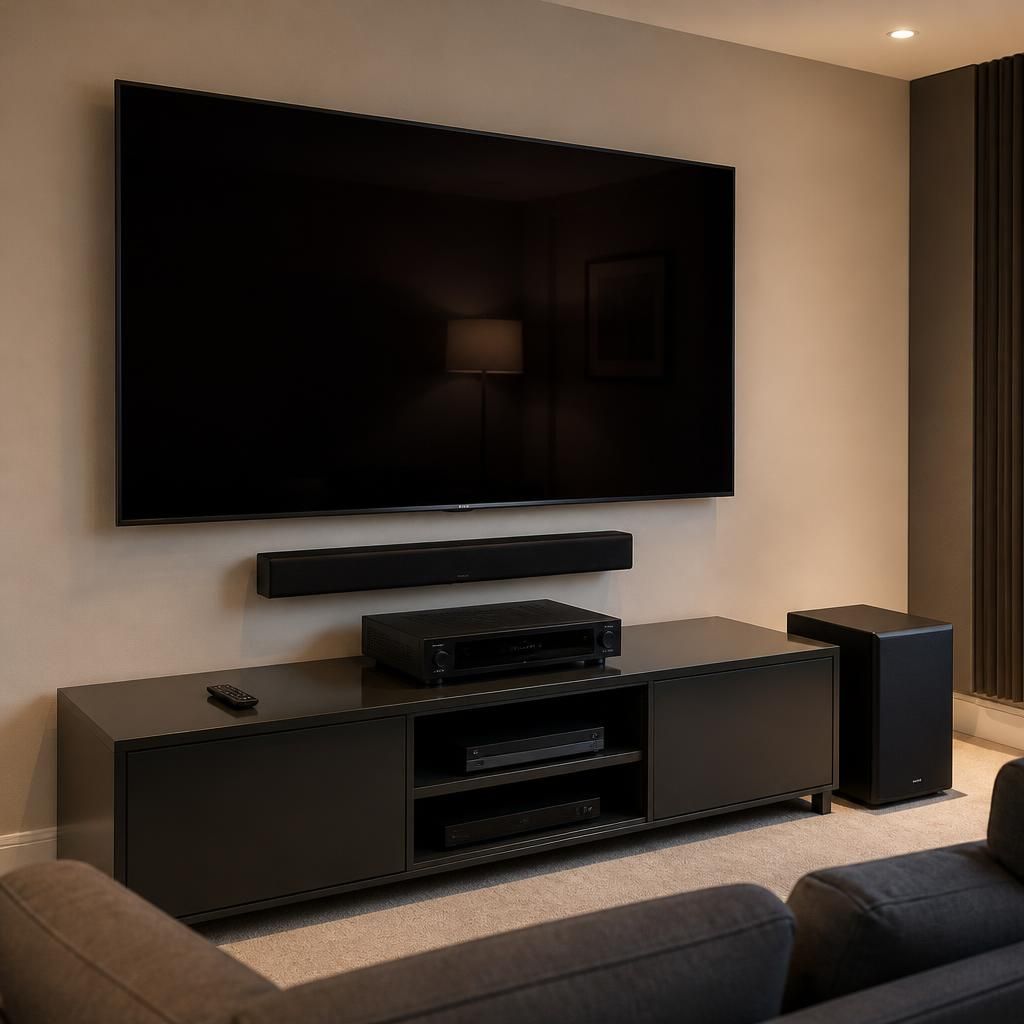 Wall-mounted television and audio equipment in a home media room