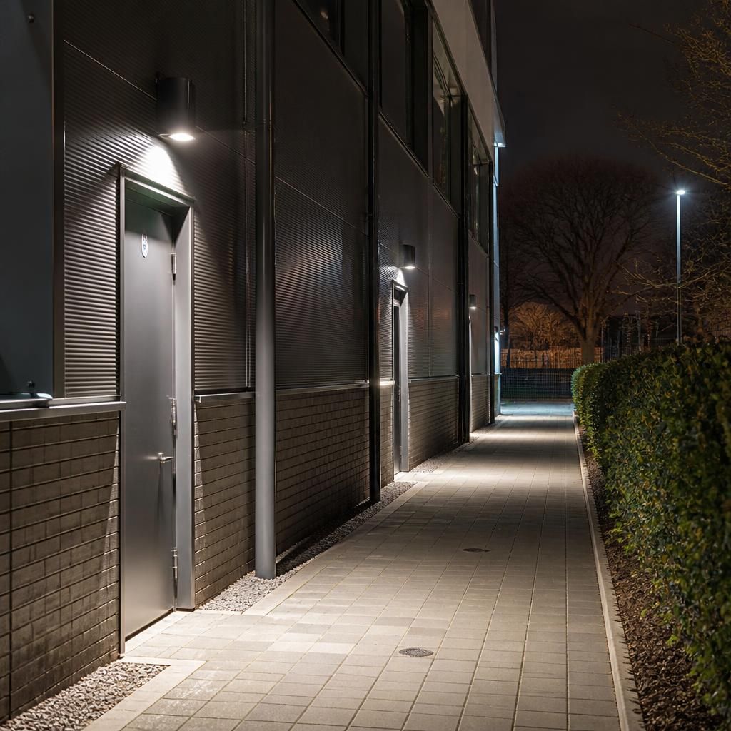 Commercial pathway and side access illuminated with low-glare exterior fittings
