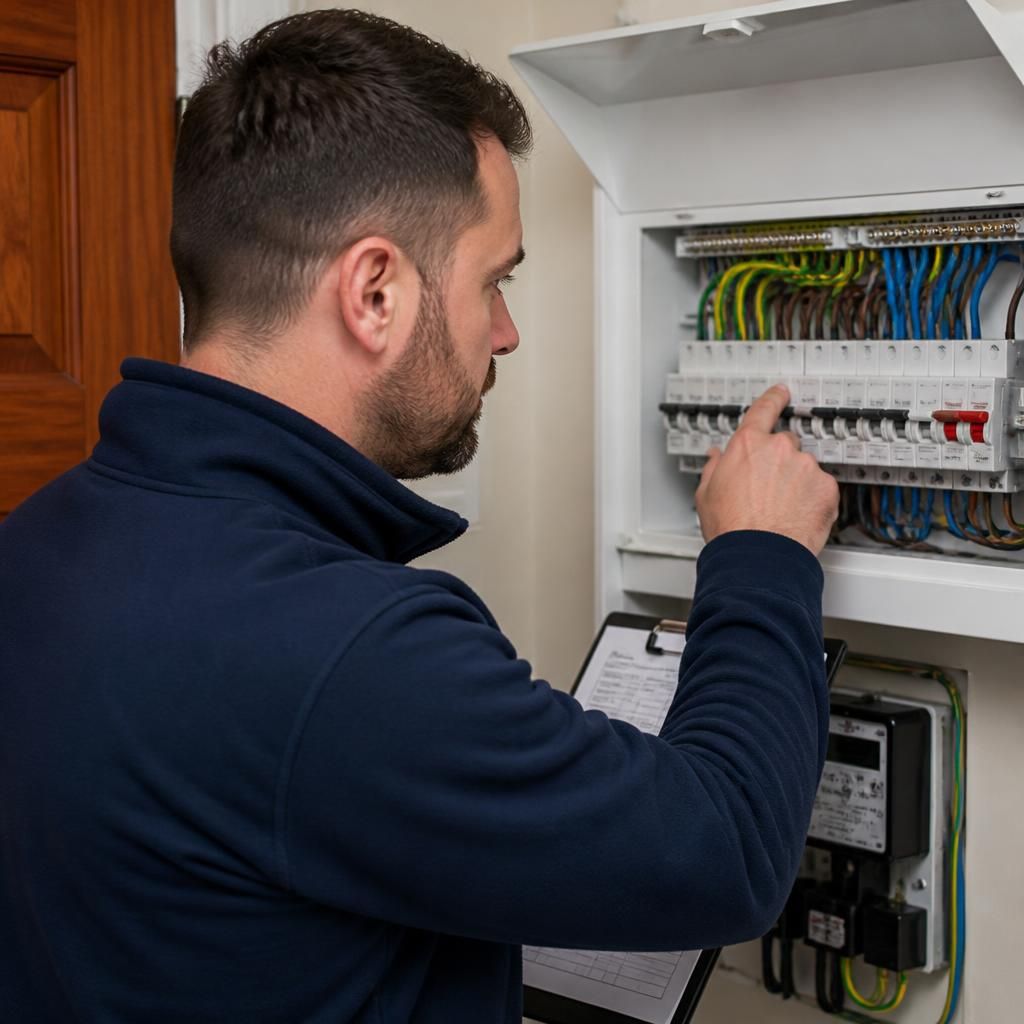 Electrician inspecting a domestic consumer unit during an EICR assessment