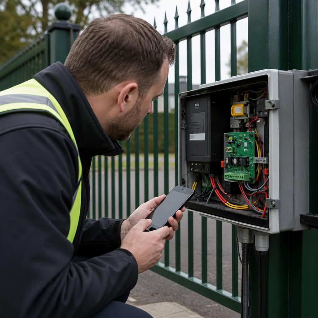 Engineer examining an electric gate control panel during an inspection
