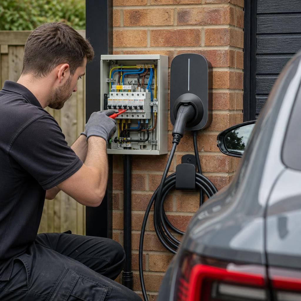 Electrician checking protective equipment during an EV charging installation