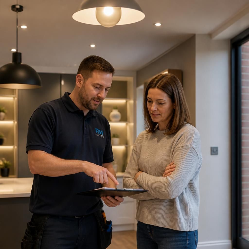 Electrician reviewing lighting work with a customer