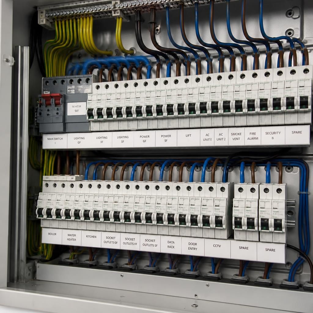 Commercial electrical distribution board with labelled circuits