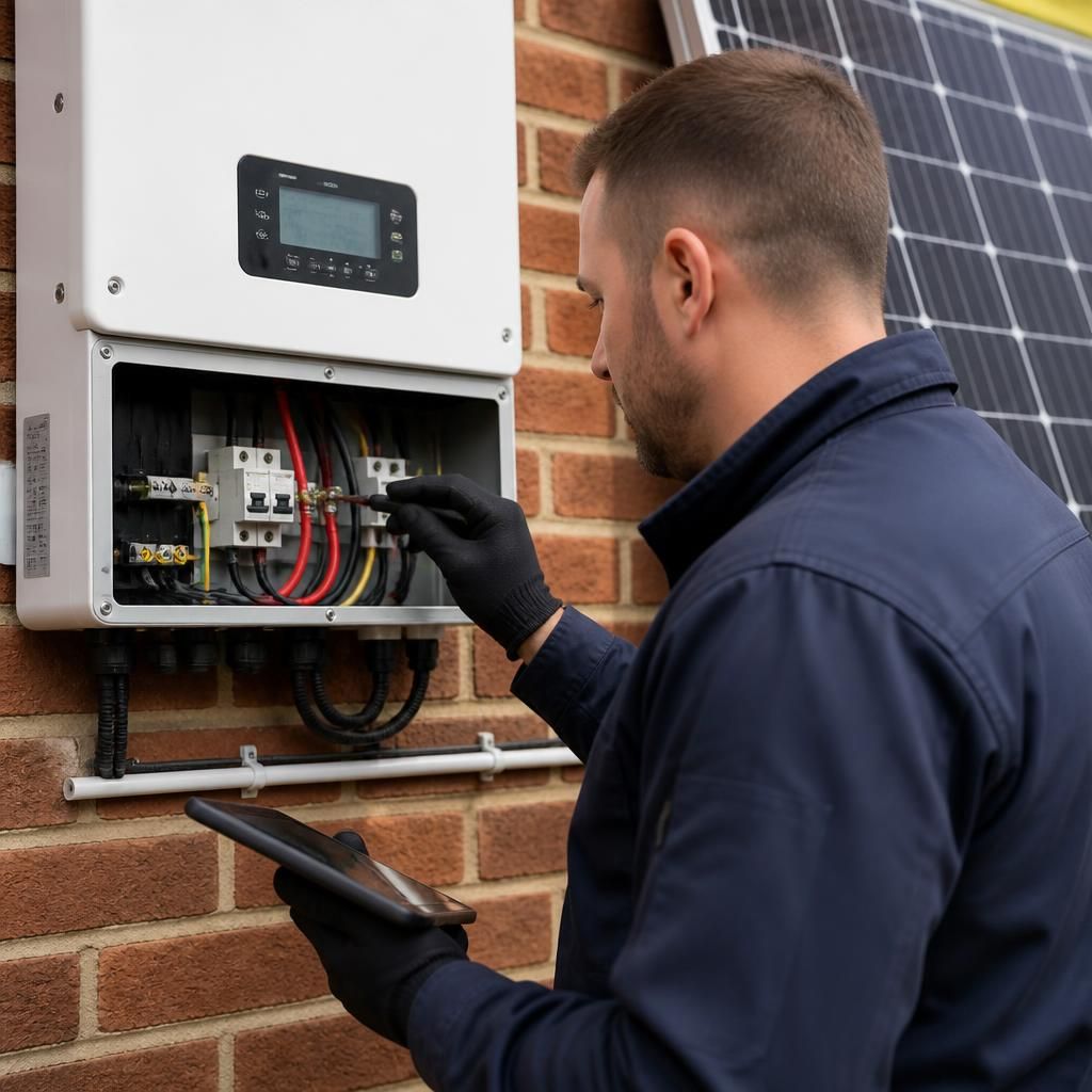Electrician inspecting a solar panel inverter and electrical connections
