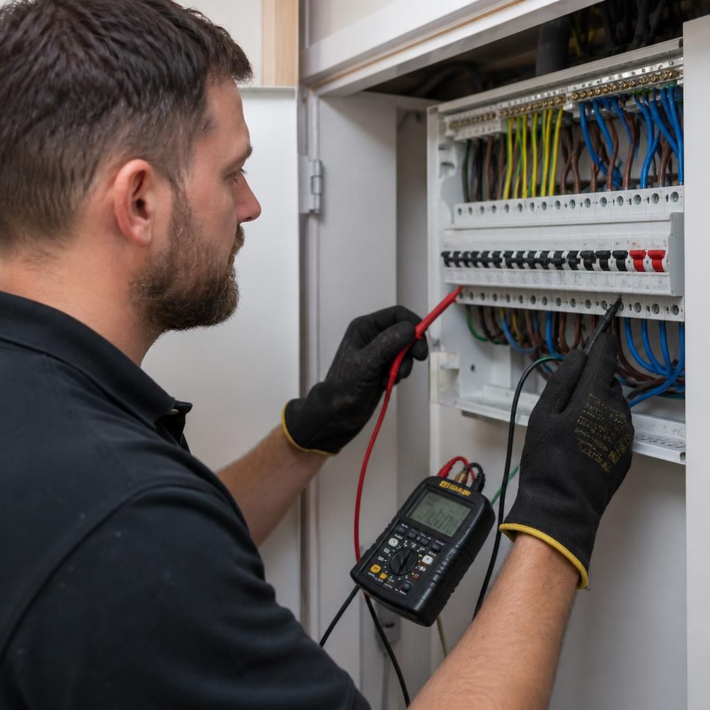 Electrician inspecting a domestic consumer unit with electrical test equipment