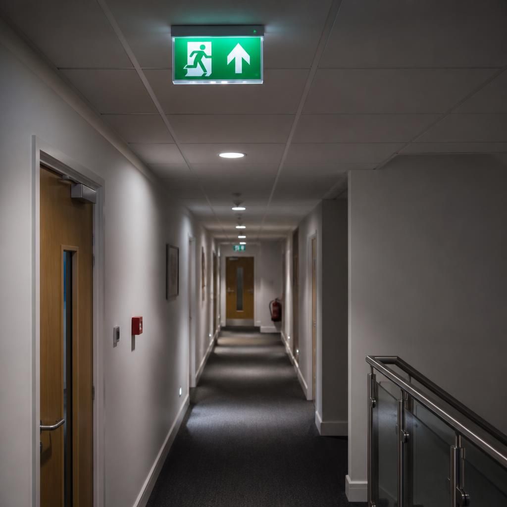 Emergency exit sign and illuminated escape route in a commercial corridor