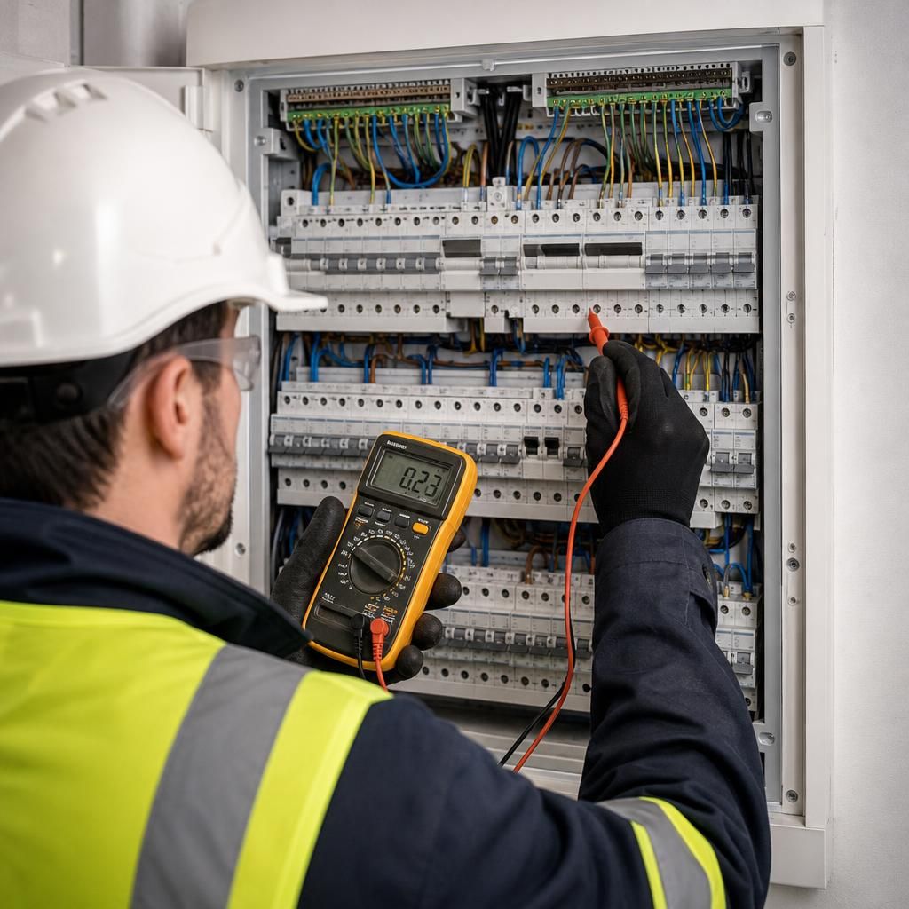 Test equipment being used at an electricity panel board installation