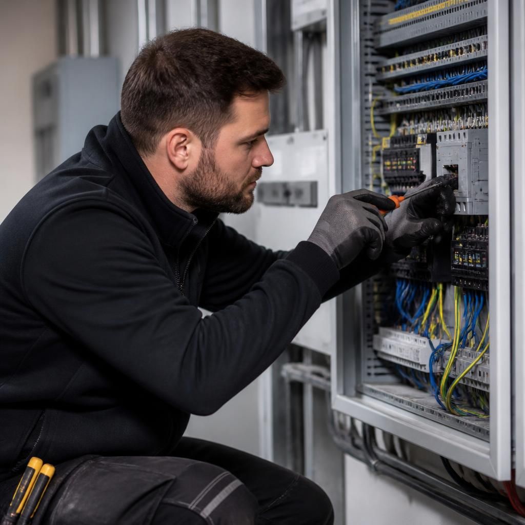 Electrician inspecting wiring and electrical equipment in a commercial premises