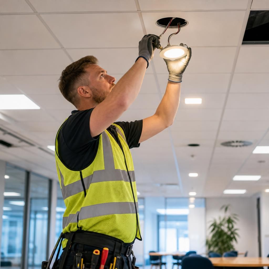 Commercial electrician completing a lighting installation
