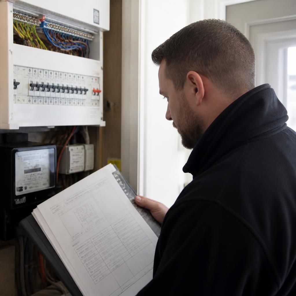 Electrician reviewing a domestic consumer unit and electrical installation paperwork