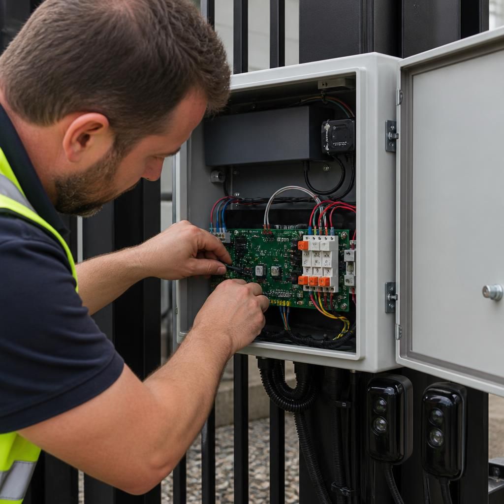 Electric gate control panel being inspected with safety sensors and wiring visible