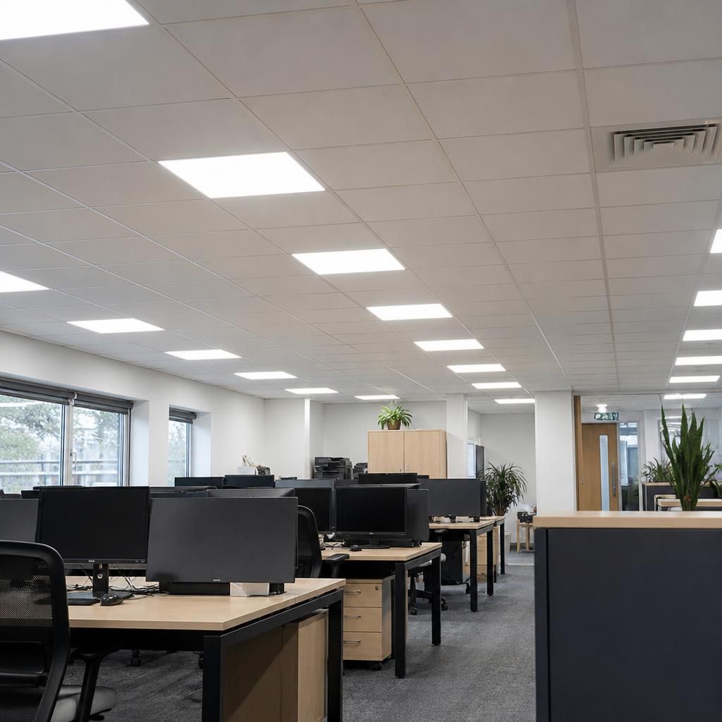 Commercial LED lighting installed within an existing workplace ceiling