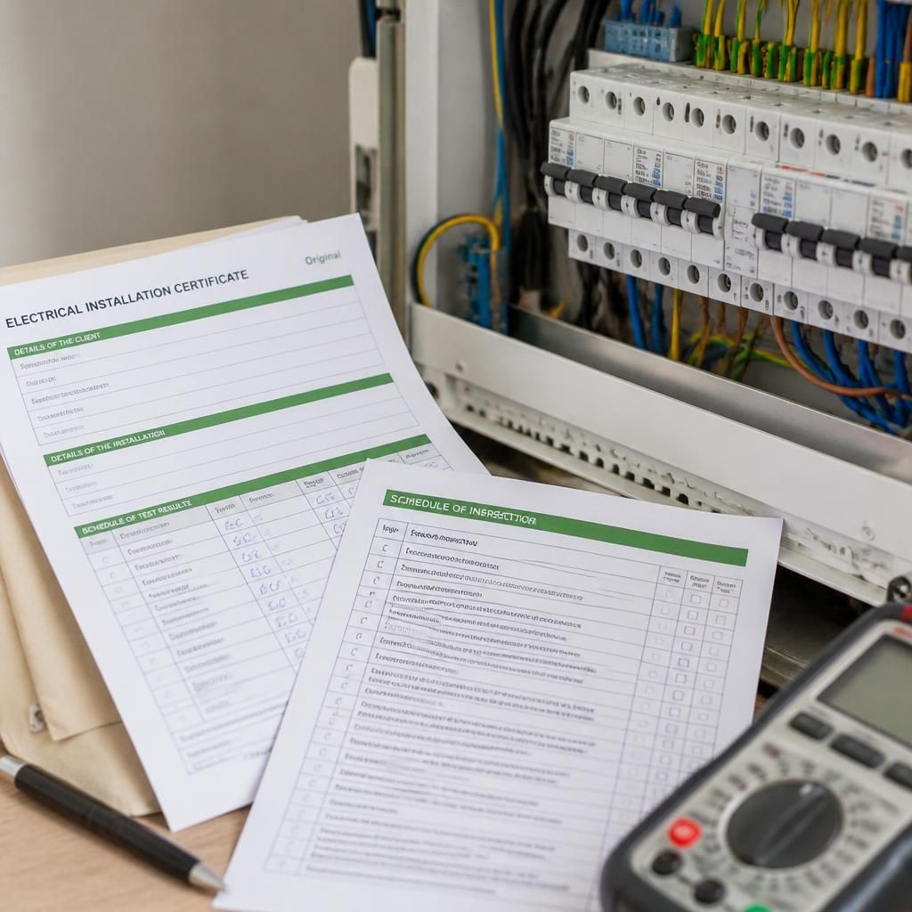 Electrical certificate and test schedules beside a distribution board