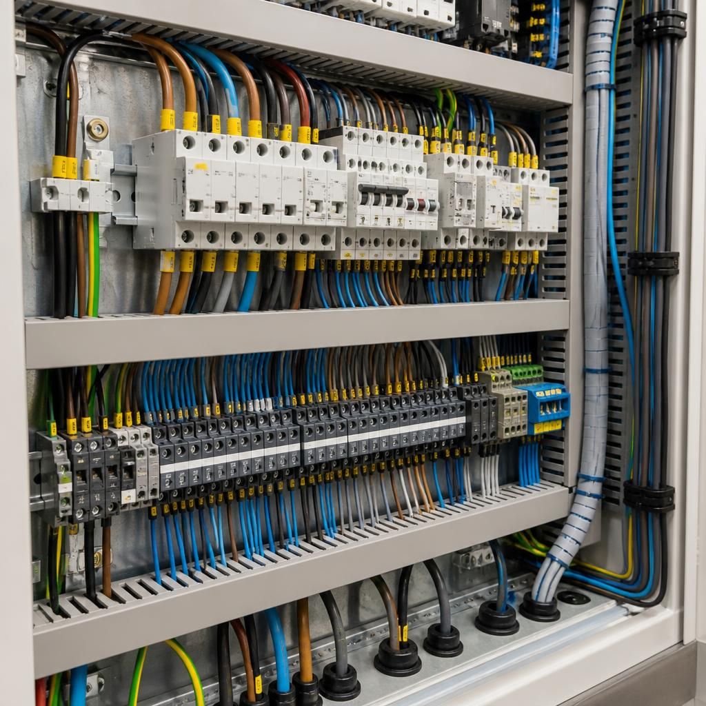 Control panel with neatly routed internal wiring and terminal blocks