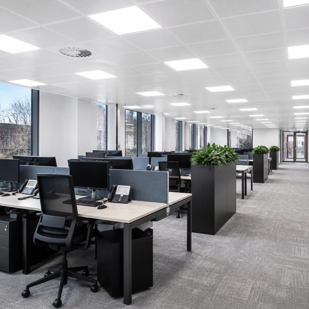 LED panel fittings providing even illumination across a commercial office
