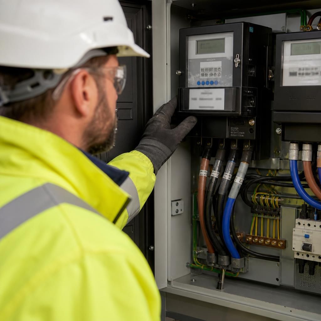 Electrician inspecting a three-phase electricity meter and connected cabling