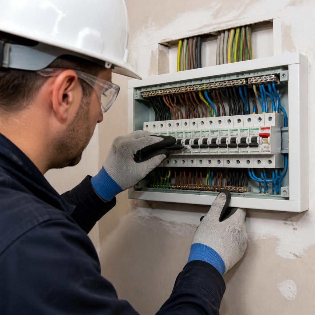 Electrician inspecting a domestic consumer unit with protective switches visible