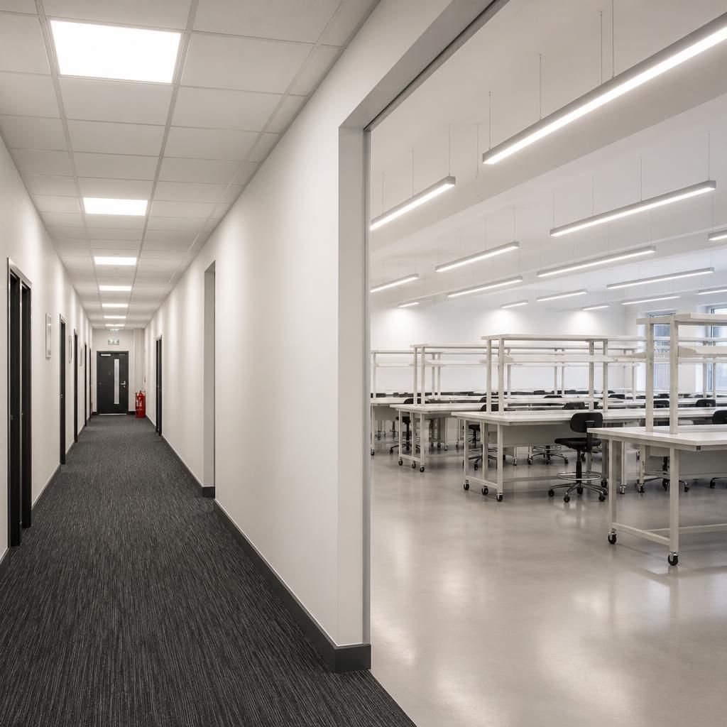 LED lighting installed in a commercial corridor and work area
