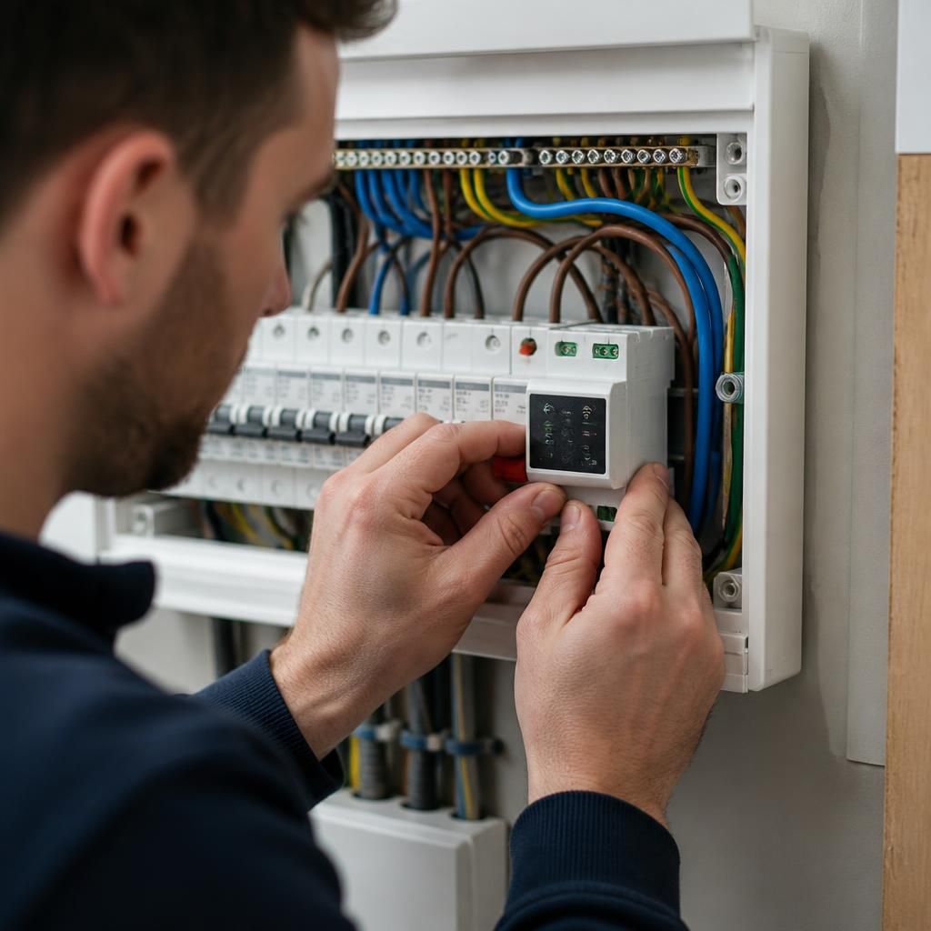 Electrician installing a smart control module within an existing consumer unit