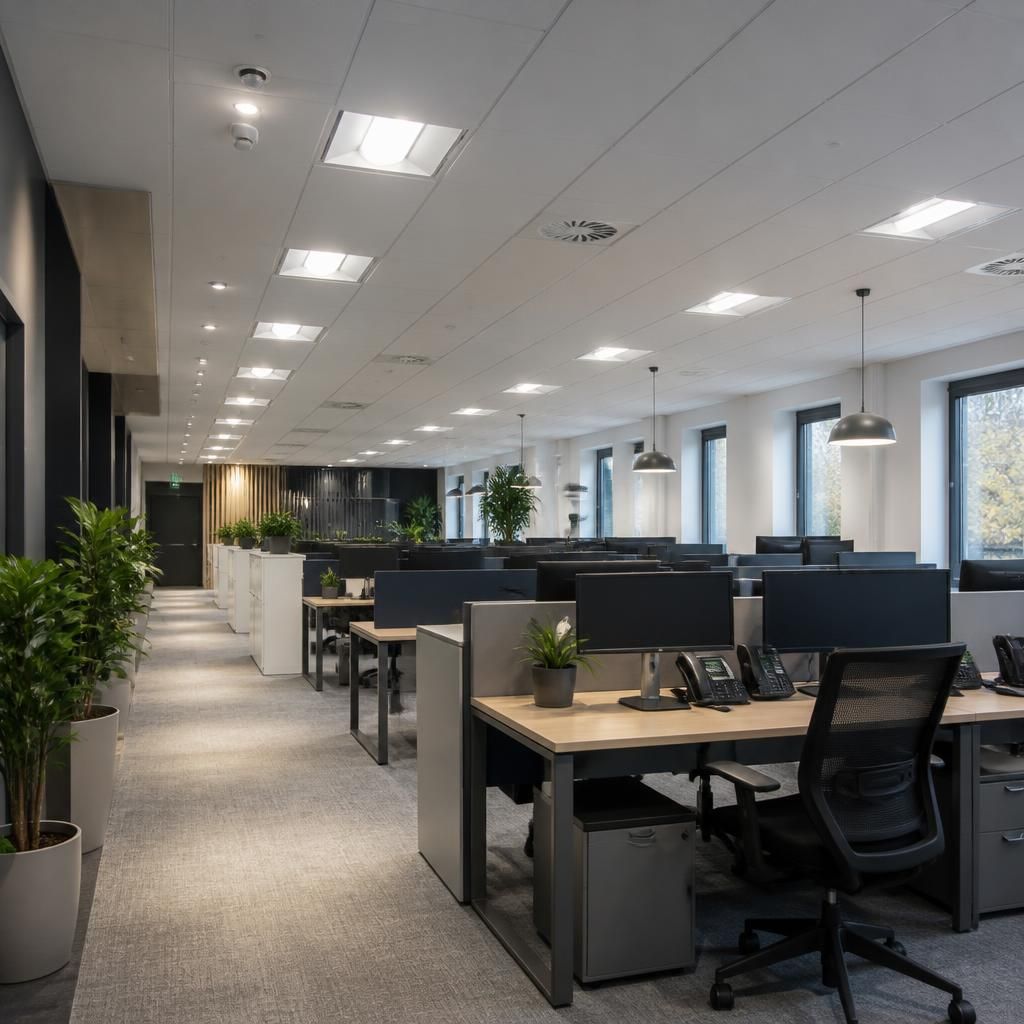 Commercial office with evenly distributed ceiling lighting over workstations